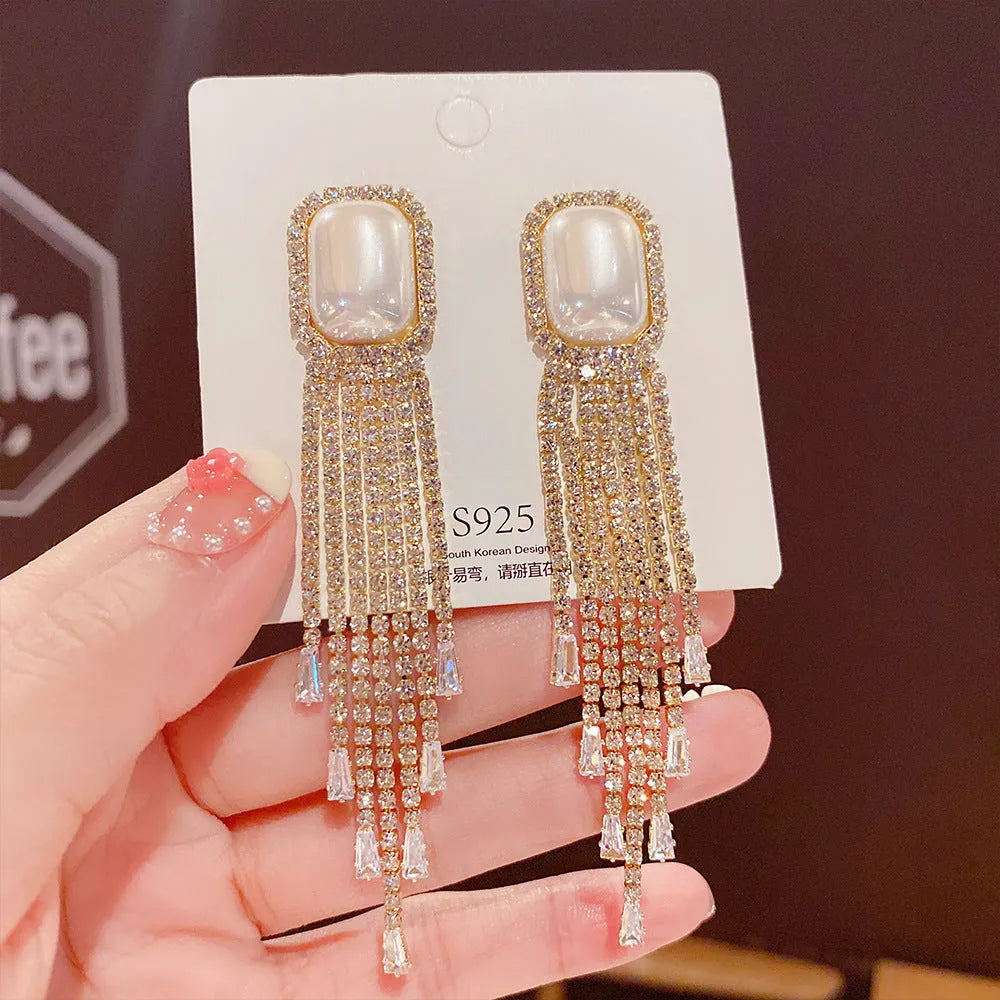 Fashionable Korean Design Geometric Temperament Tassel Earring For Women &amp; Girls Crystal Alloy Drops &amp; Danglers - Pair Of 1 Destiny Jewels