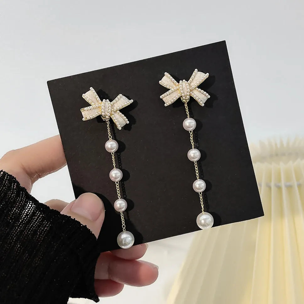 Gold Plated Korean Design Bow Décor Drop Pearl Earrings Drops &amp; Danglers - Pair Of 1 Destiny Jewels