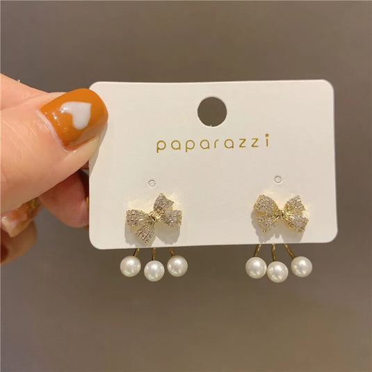 Korean Design New Crystal Line Fashion Trendy Bow Stud Earring For Women &amp; Girls Pearl Alloy Clip-On Earring - Pair Of 1 Destiny Jewels