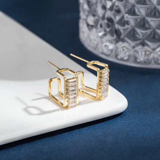 Korean Design Simple Geometric Squared Stone Décor Earrings For Women &amp; Girls Crystal Alloy Hoop Earring - Pair Of 1 Destiny Jewels