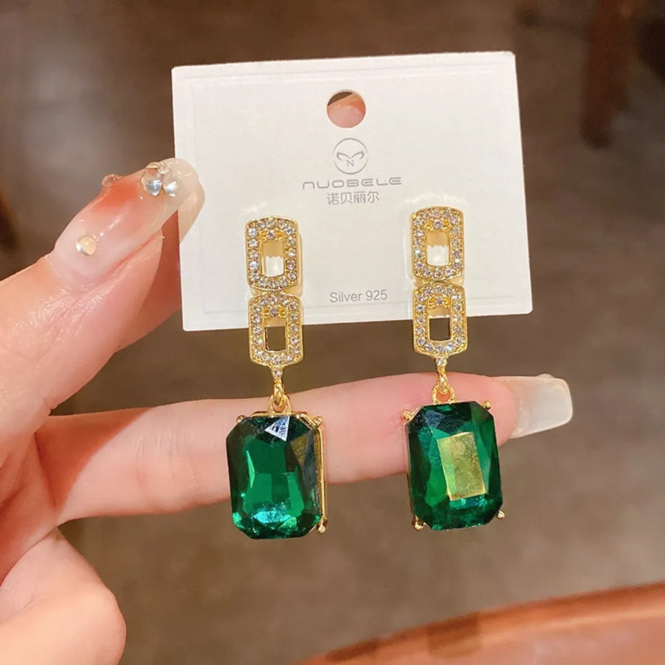 New Korean Design Green Stone Décor Square Water Drop Earrings For Women &amp; Girls Cubic Zirconia Alloy Drops &amp; Danglers - Pair Of 1 Destiny Jewels