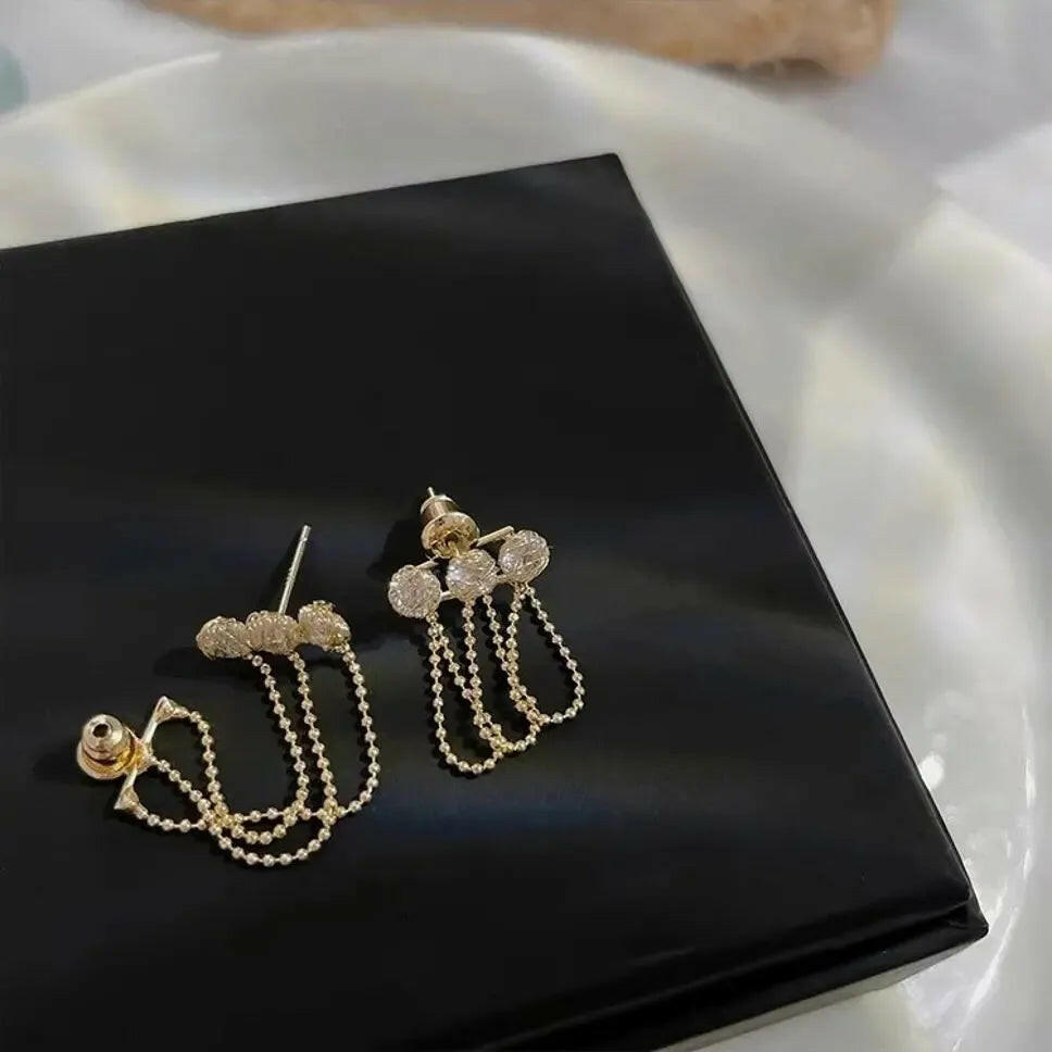 Gold Plated Korean Fashion Design Rhinestone Tassel Earrings For Women &amp; Girls Cubic Zirconia Alloy Stud Earring - Pair Of 1 Destiny Jewels