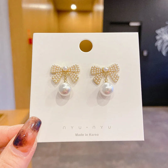 New Gold Plated Korean Design Bow &amp; Pearl Décor Drop Earrings For Women &amp; Girls Pearl Alloy Stud Earring - Pair Of 1 Destiny Jewels