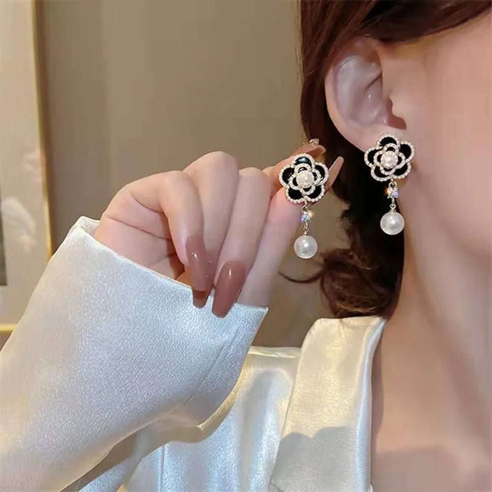 Vintage Inspired Fashion Designer Black Camellia Pearl Long Flower Décor Earring Pearl Alloy Stud Earring - Pair Of 1 Destiny Jewels