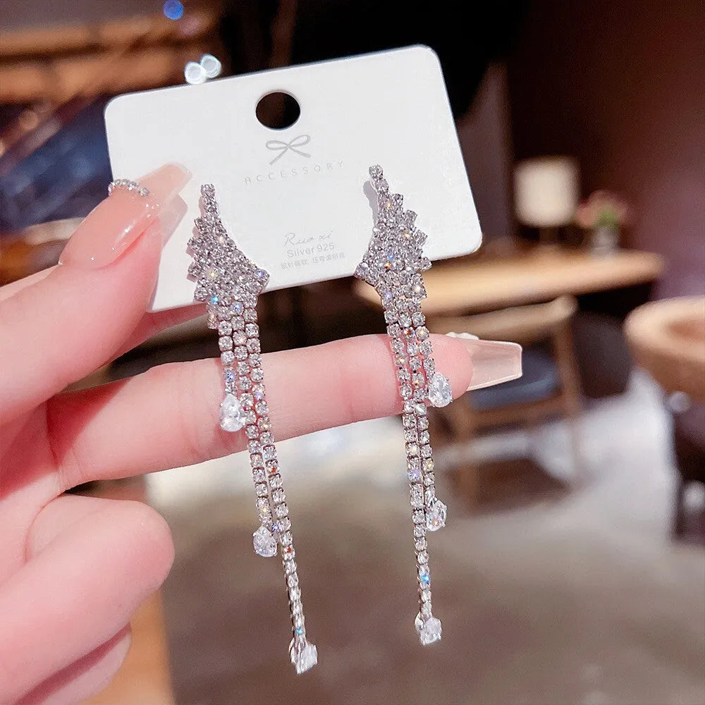 Korean Design Long Tassel Geometric Wings Crystal Drop Earring For Women &amp; Girls Cubic Zirconia Alloy Drops &amp; Danglers - Pair Of 1 Destiny Jewels