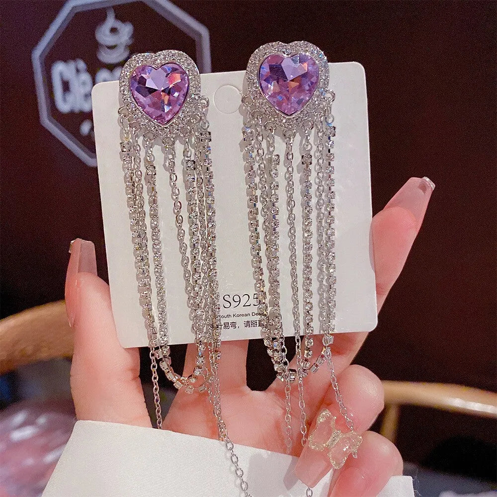 Korean Rhinestone Décor Colorful Heart Drop Tassel Earring Set For Women &amp; Girls Cubic Zirconia Alloy Drops &amp; Danglers - Pair Of 1 Destiny Jewels