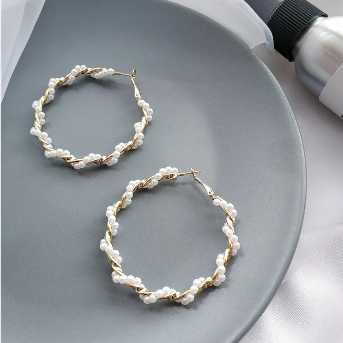 Korean Fashion Design Pearl Décor Round Circle Hoop Earrings For Women &amp; Girls Pearl Alloy Hoop Earring - Pair Of 1 Destiny Jewels