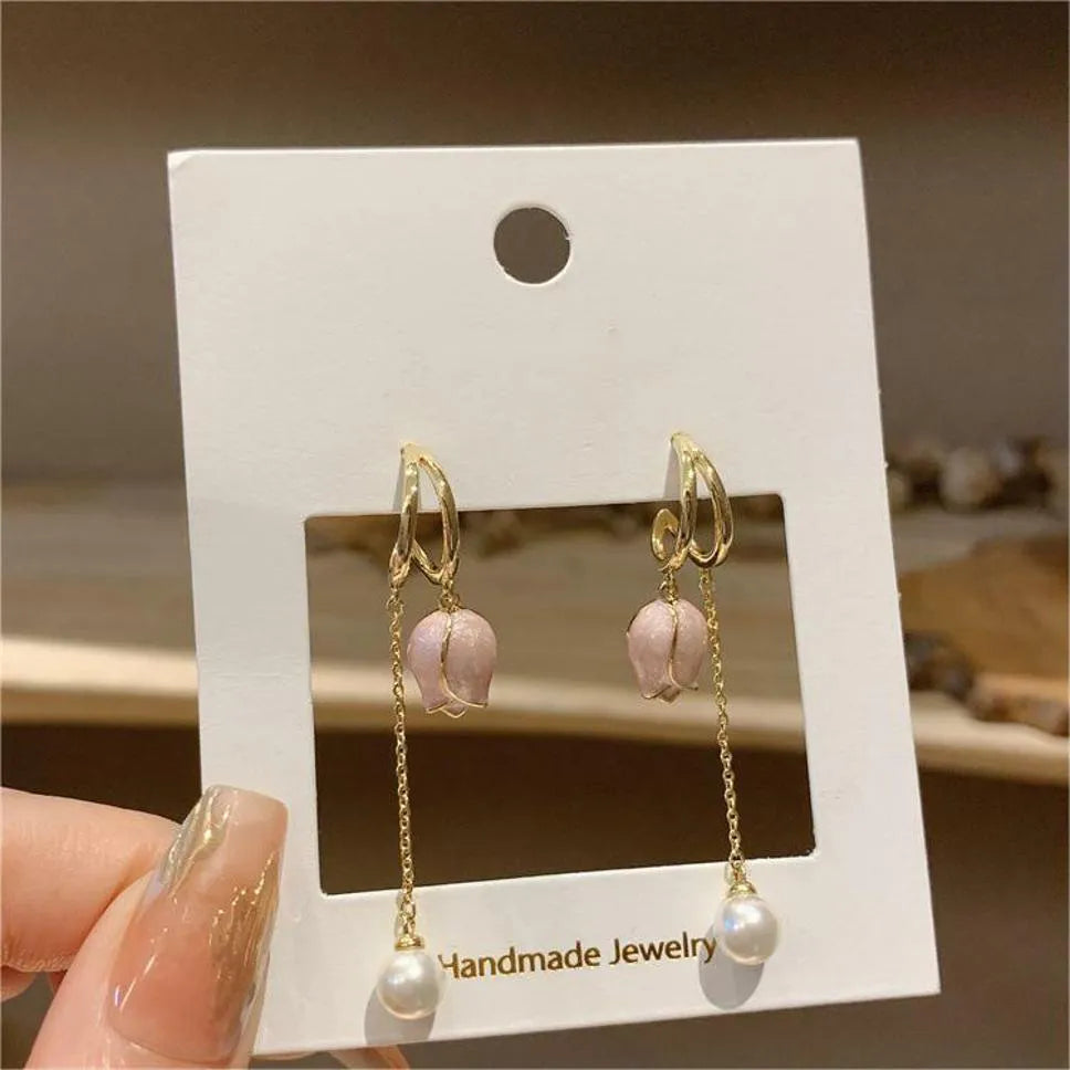 New Trendy Exclusive Korean Pink Flower With Long Chain Drop Pearl Earrings Set Alloy Earring Set - Pair Of 1 Destiny Jewels