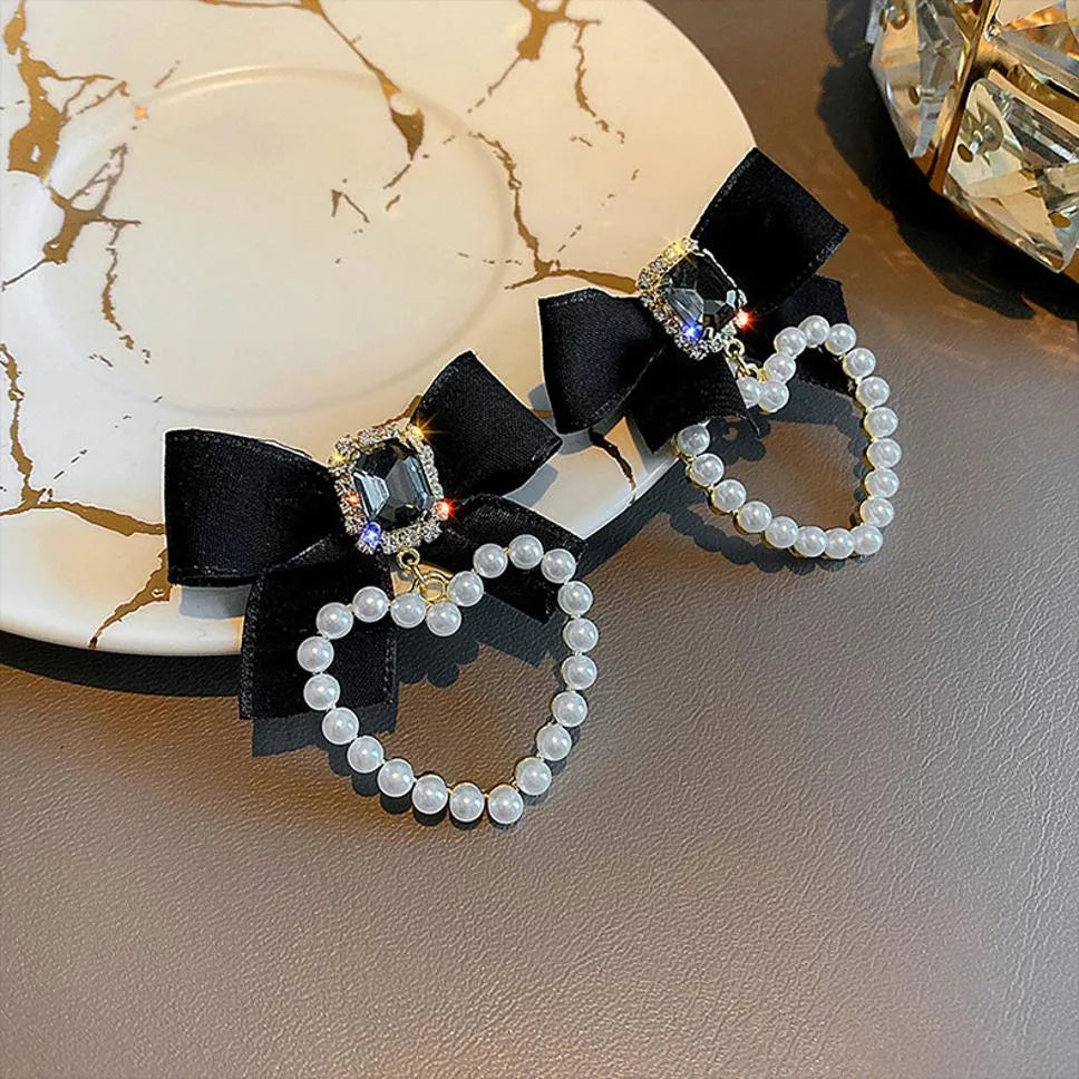 Trendy Exclusive Korean Style Black Bow Faux Pearl Décor Heart Shaped Earrings Cubic Zirconia Alloy Drops &amp; Danglers - Pair Of 1 Destiny Jewels