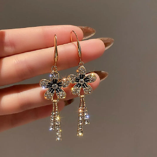 New Trendy Exclusive Korean Style Delicate Flower Tassel Drop Earrings Set Cubic Zirconia Alloy Drops &amp; Danglers - Pair Of 1 Destiny Jewels