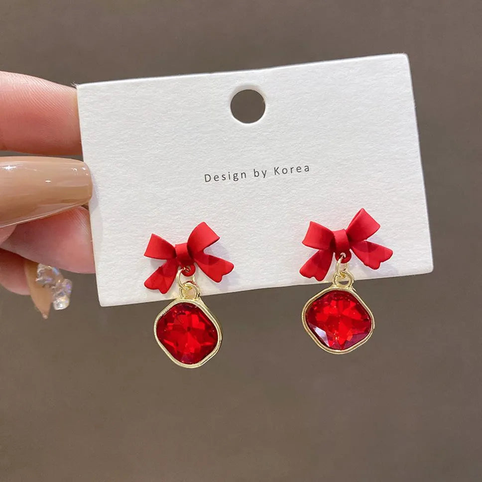 New Trendy Exclusive Korean Style Summer Crystal Bow Knot Red Stud Earring Set Cubic Zirconia Alloy Drops &amp; Danglers - Pair Of 1 Destiny Jewels