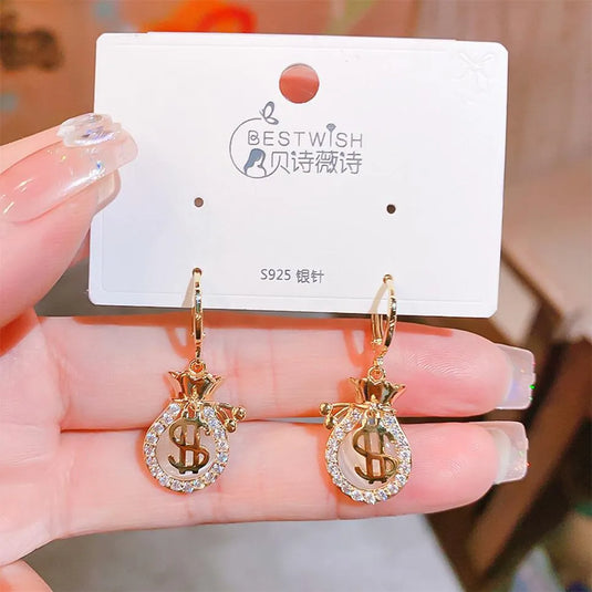 New Trendy Exclusive Korean Style Dollar Sign Earrings For Women &amp; Girls Cubic Zirconia Alloy Drops &amp; Danglers - Pair Of 1 Destiny Jewels