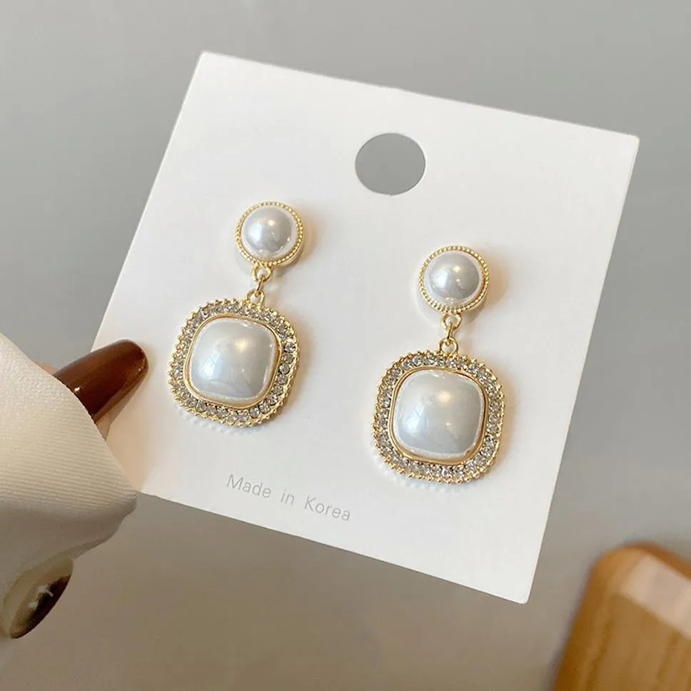 New Trendy Exclusive Korean Style Stone With Round Pearl Décor Drop Earrings Set Cubic Zirconia Alloy Earring Set - Pair Of 1 Destiny Jewels