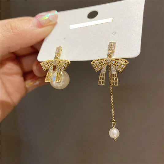 New Trendy Exclusive Korean Style Micro Zircon Asymmetric Bowknot Drop Earrings Cubic Zirconia, Pearl Alloy Drops &amp; Danglers - Pair Of 1 Destiny Jewels