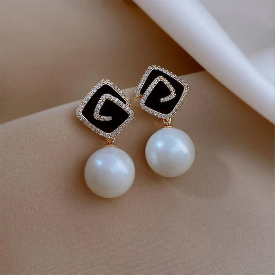 New Trendy Exclusive Korean Style Stone Décor Big Drop White Pearl Décor Earring Cubic Zirconia, Pearl Alloy Drops &amp; Danglers, Hoop Earring, Stud Earring - Pair Of 1 Destiny Jewels