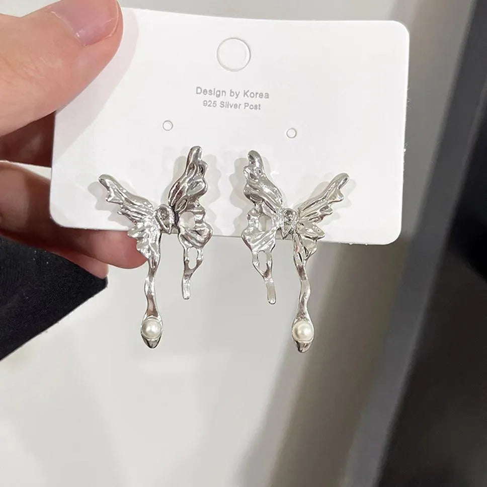 New Trendy Exclusive Silver Aesthetic Punk Style Liquid Butterfly Korean Earring Alloy Drops &amp; Danglers, Hoop Earring, Stud Earring - Pair Of 1 Destiny Jewels