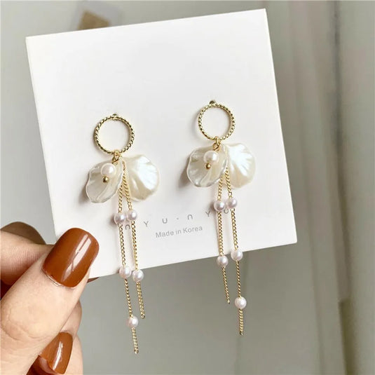 Gold Plated Korean Style Pearl Petals Long Tassel Earrings For Women &amp; Girls Pearl Alloy Drops &amp; Danglers, Hoop Earring, Stud Earring - Pair Of 1 Destiny Jewels