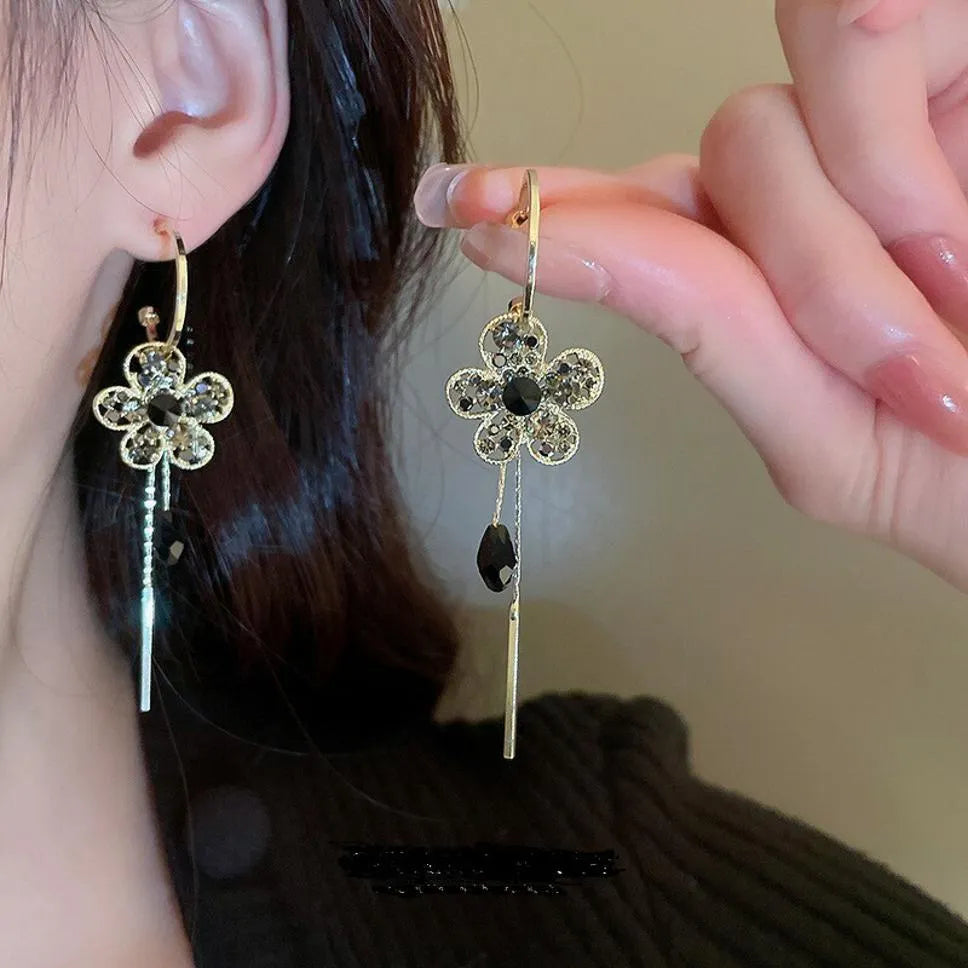 Gold Plated Korean Style Black Stone Decor Flower Long Tassel Earrings Cubic Zirconia Alloy Drops &amp; Danglers, Hoop Earring, Stud Earring - Pair Of 1 Destiny Jewels