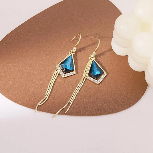 Gold Plated Korean Style Blue Crystal Long Tassel Earrings For Women &amp; Girls Cubic Zirconia Alloy Drops &amp; Danglers, Hoop Earring, Stud Earring - Pair Of 1 Destiny Jewels