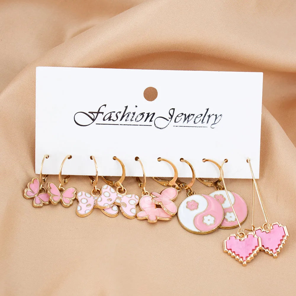 Limited Collection Pink Butterfly Enamel And Drop Heart Shaped Earrings Set Alloy Drops &amp; Danglers - Pair Of 5 Destiny Jewels