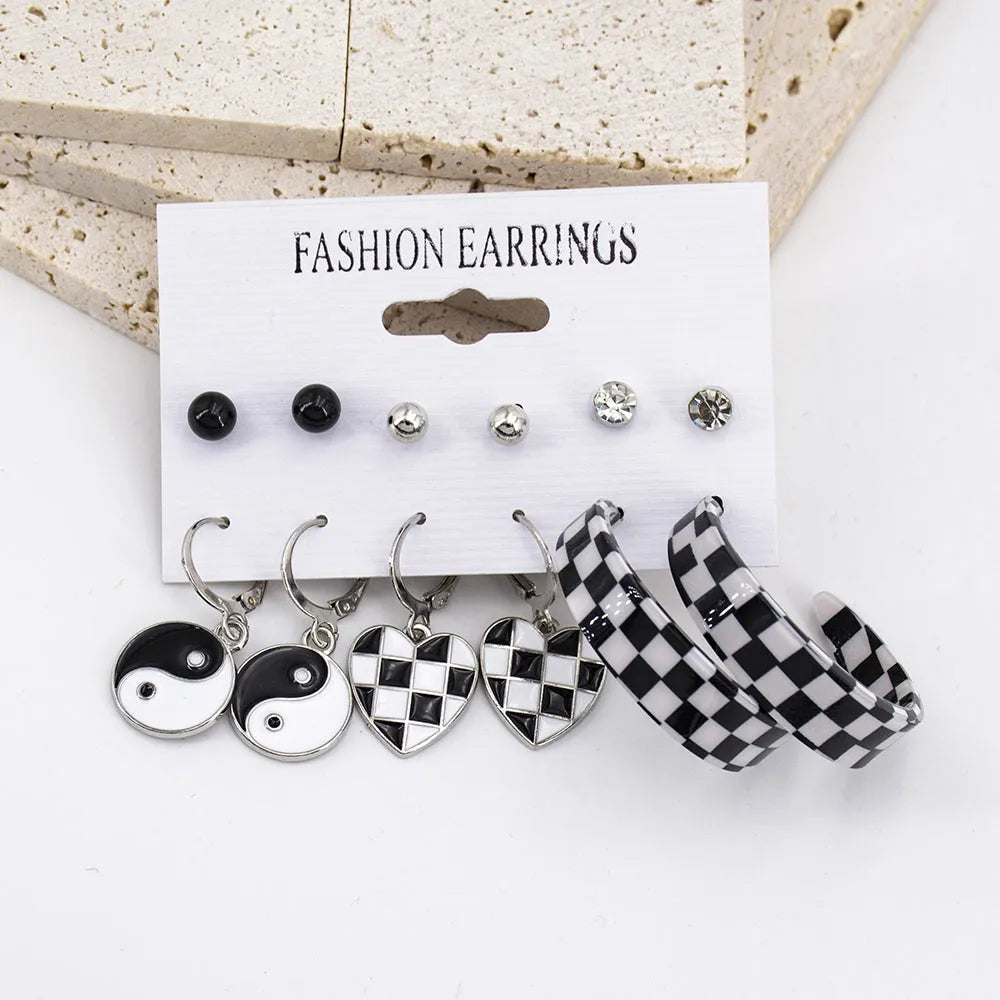 New Limited Collection Simple Checkerboard Love Heart Drop Hoop &amp; Stud Earrings Alloy Hoop Earring - Pair Of 6 Destiny Jewels