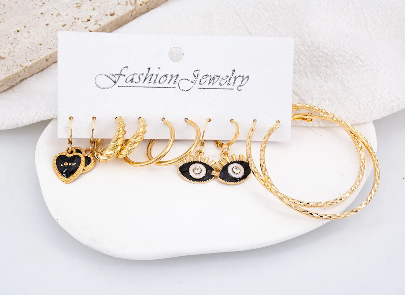 New Limited Collection Black Heart And Evil Eye Hoop Earrings Set Alloy Hoop Earring - Pair Of 5 Destiny Jewels