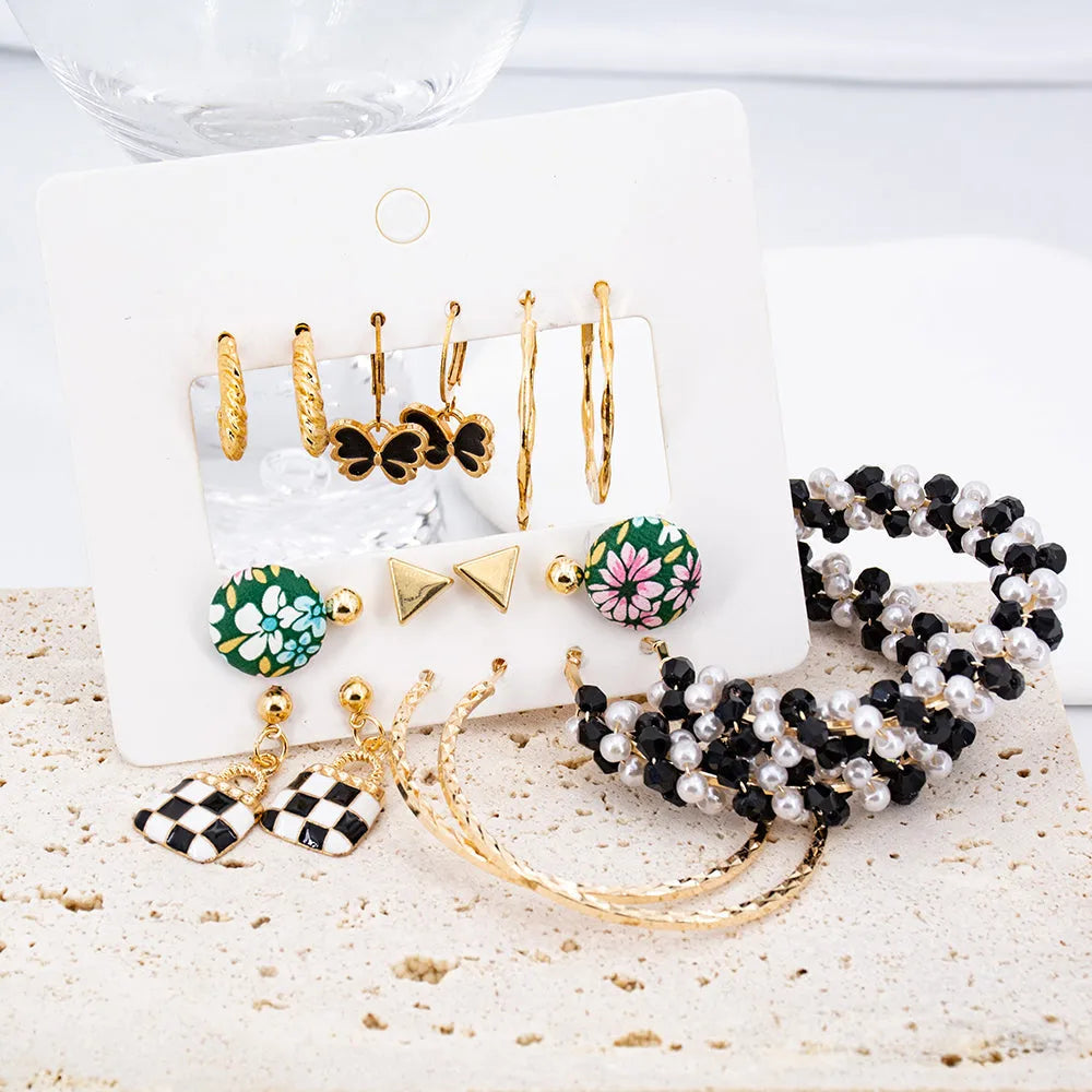 Gold Plated Black And White Pearl Décor Big Hoop And Stud Earrings Set Pearl Alloy Hoop Earring - Pair Of 9 Destiny Jewels