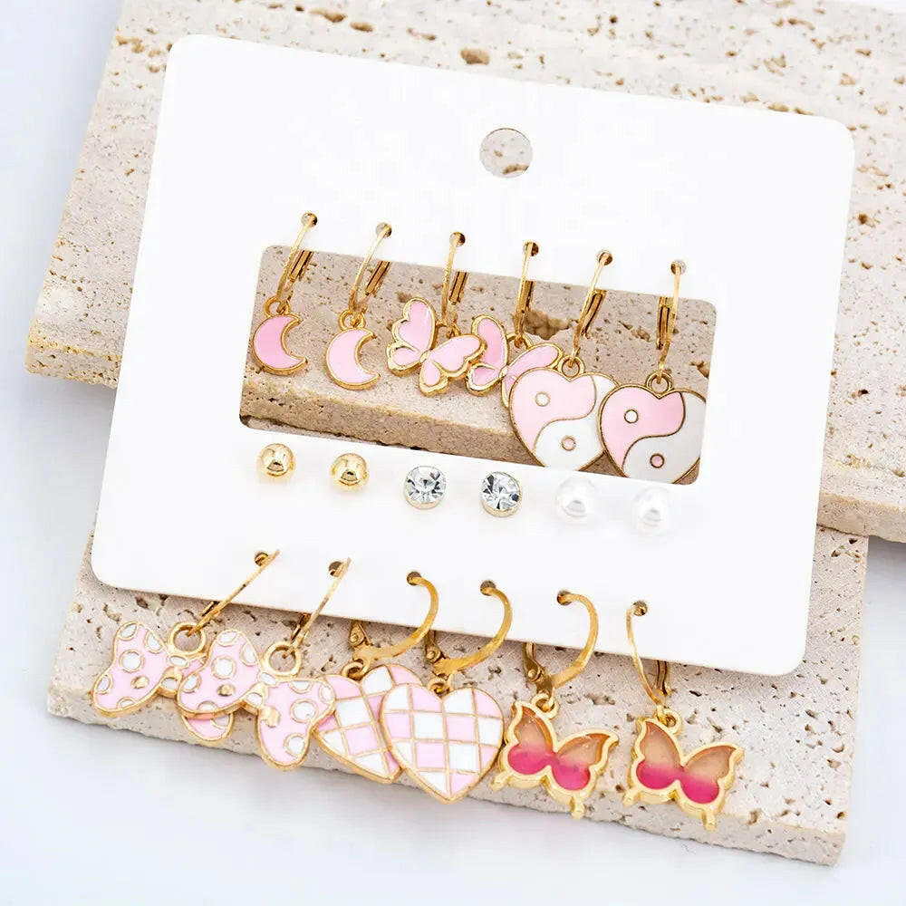 Gold Plated 9 Pairs Earrings Set Colorful Heart &amp; Butterfly Décor Earrings Set Alloy Earring Set - Pair Of 9 Destiny Jewels