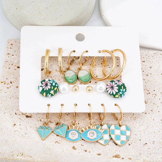 Gold Plated 9 Pair Earrings Set Diamond Shaped Green Stud Drop Earrings Set Alloy Earring Set - Pair Of 9 Destiny Jewels