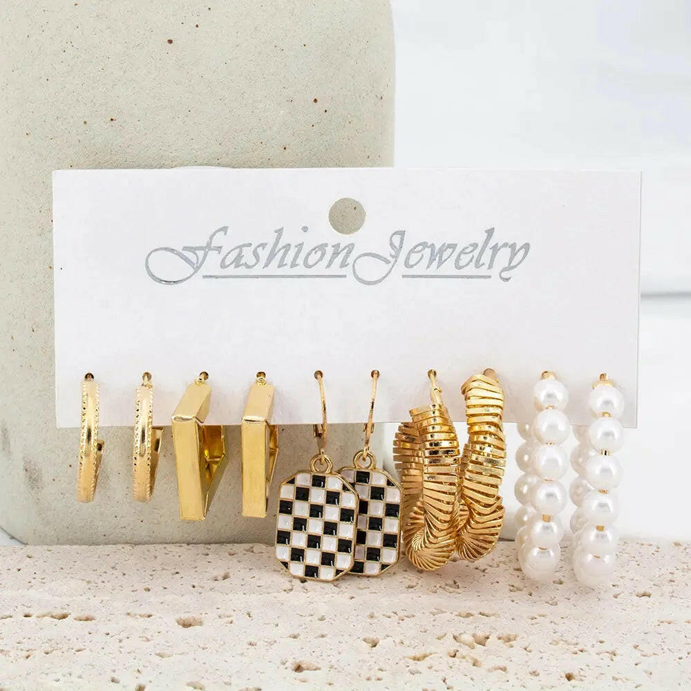 New Geometric 5Pair Huggies Dangle Earrings Pearl Décor Hoop Earrings Set Pearl Alloy Hoop Earring - Pair Of 5 Destiny Jewels