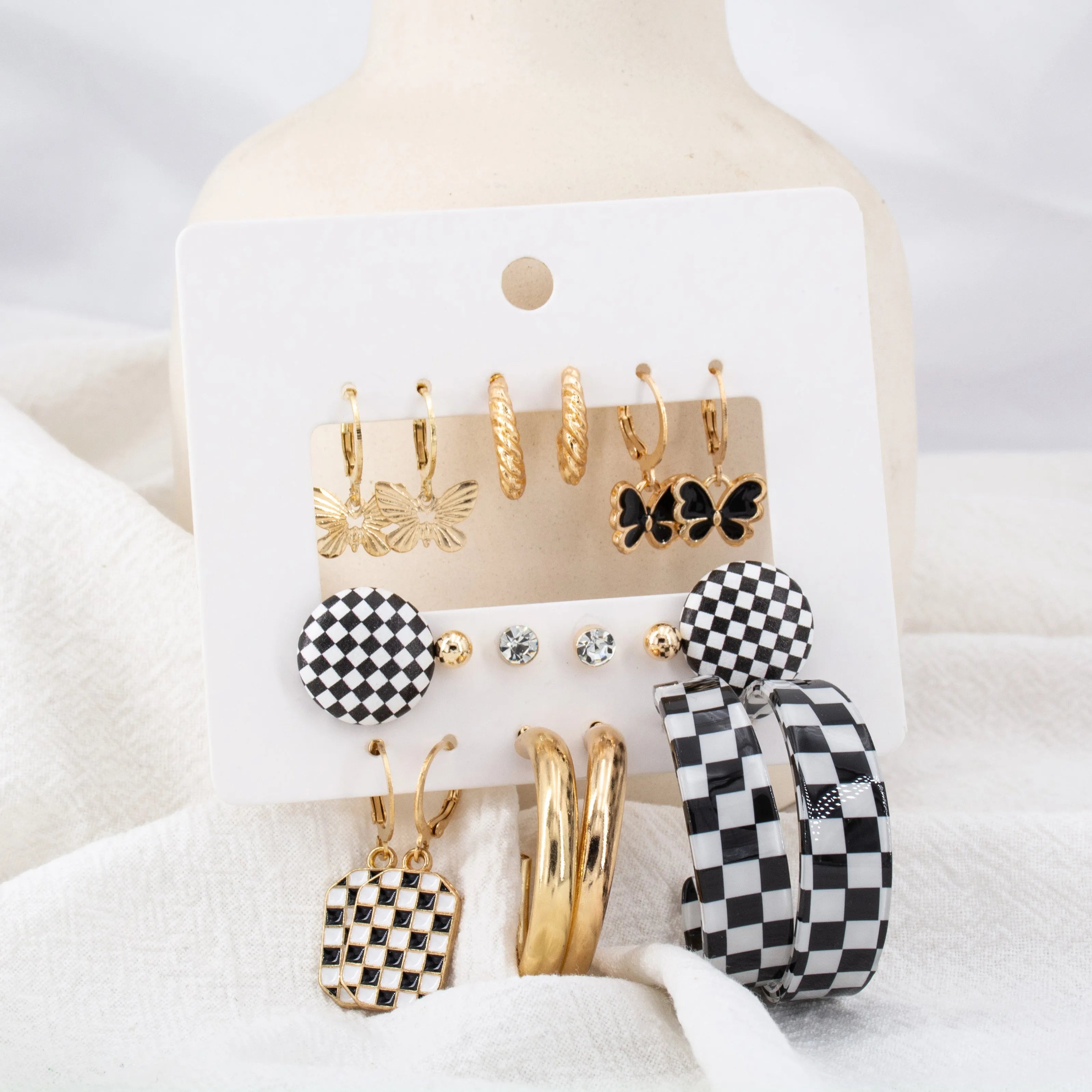 New Trendy Checked Board 9Pair European Style Butterfly Décor Hoop Earrings Alloy Hoop Earring - Pair Of 9 Destiny Jewels