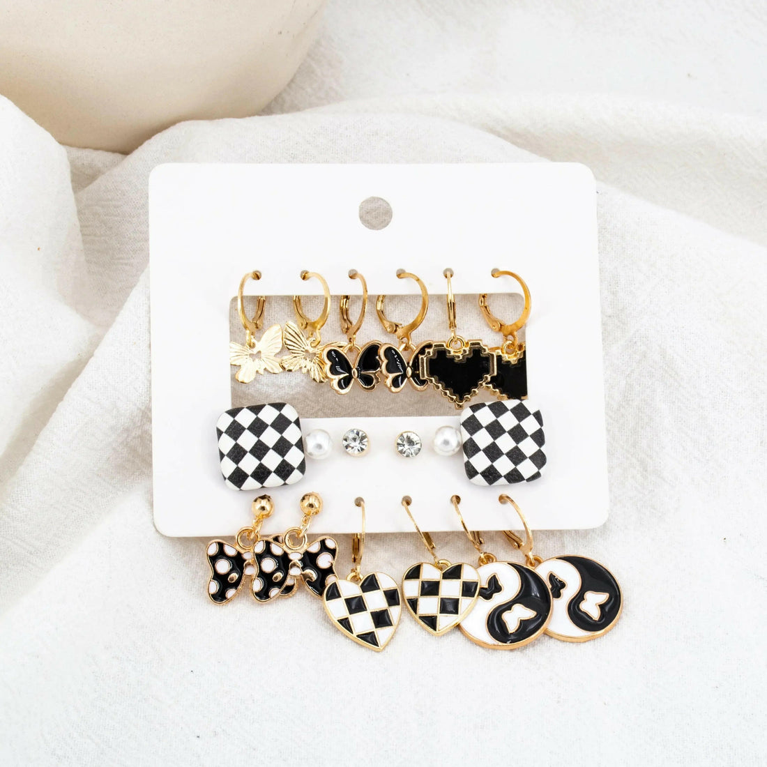 Gold Plated 9Pairs Checkered Pattern Heart Korean Earrings Set For Women &amp; Girls Alloy Earring Set - Pair Of 9 Destiny Jewels