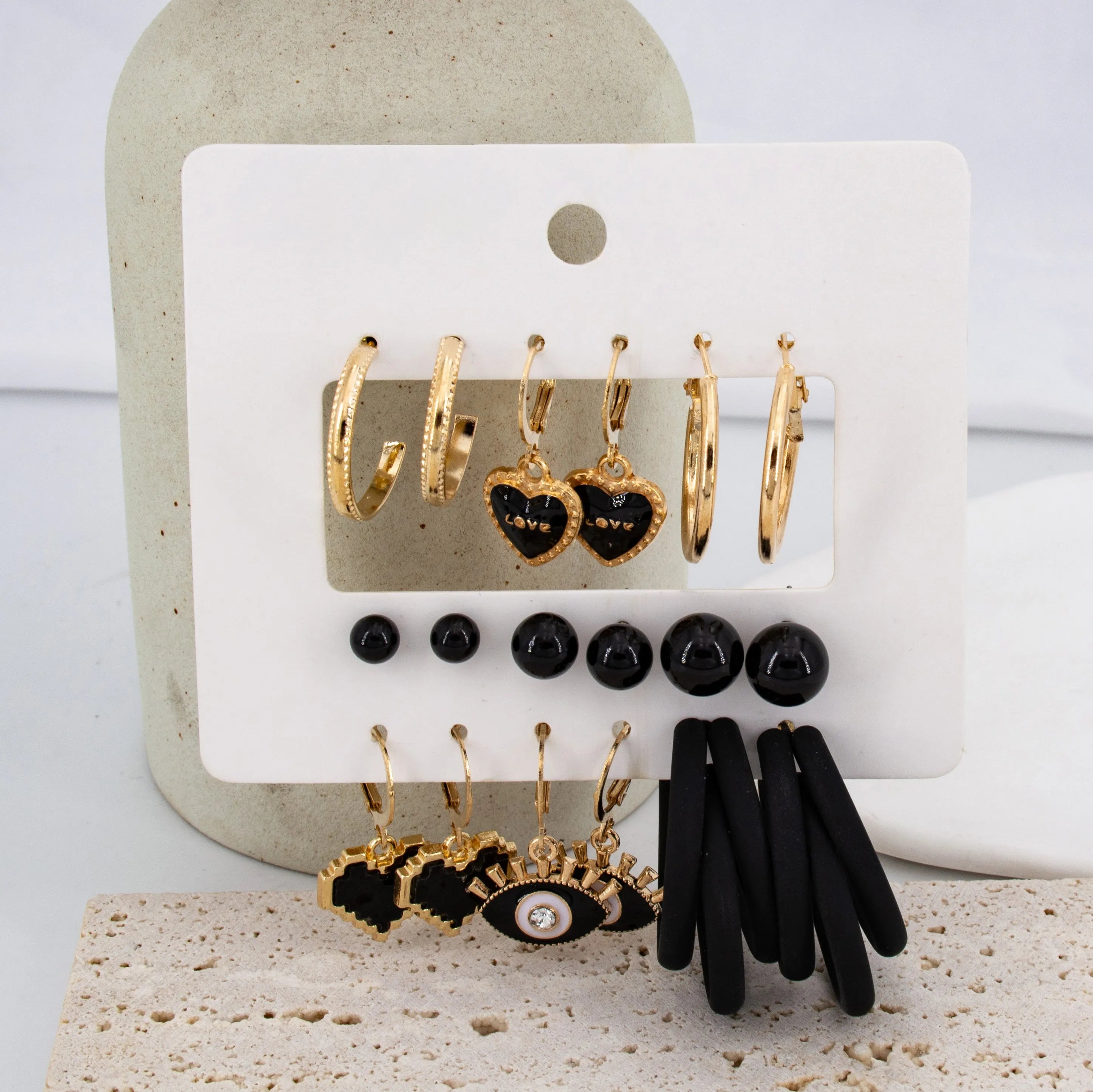 New Trendy Geometric 9Pair Black &amp; Gold Evil Eye Heart Hoops Earrings Set Alloy Hoop Earring - Pair Of 9 Destiny Jewels