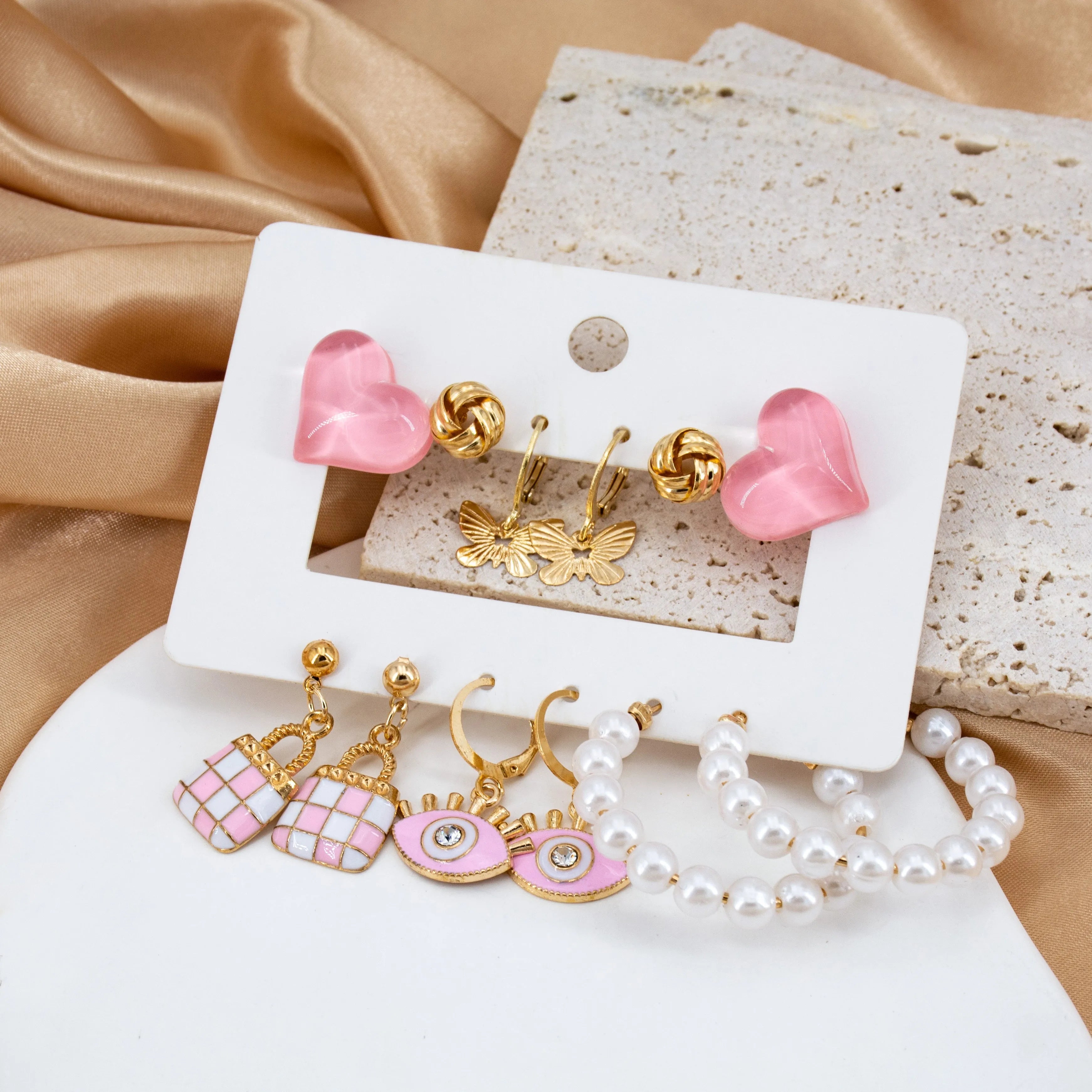 New Trendy Geometric 6Pair Pink Lock And Evil Eye Décor Earrings Set Pearl Alloy Hoop Earring - Pair Of 6 Destiny Jewels