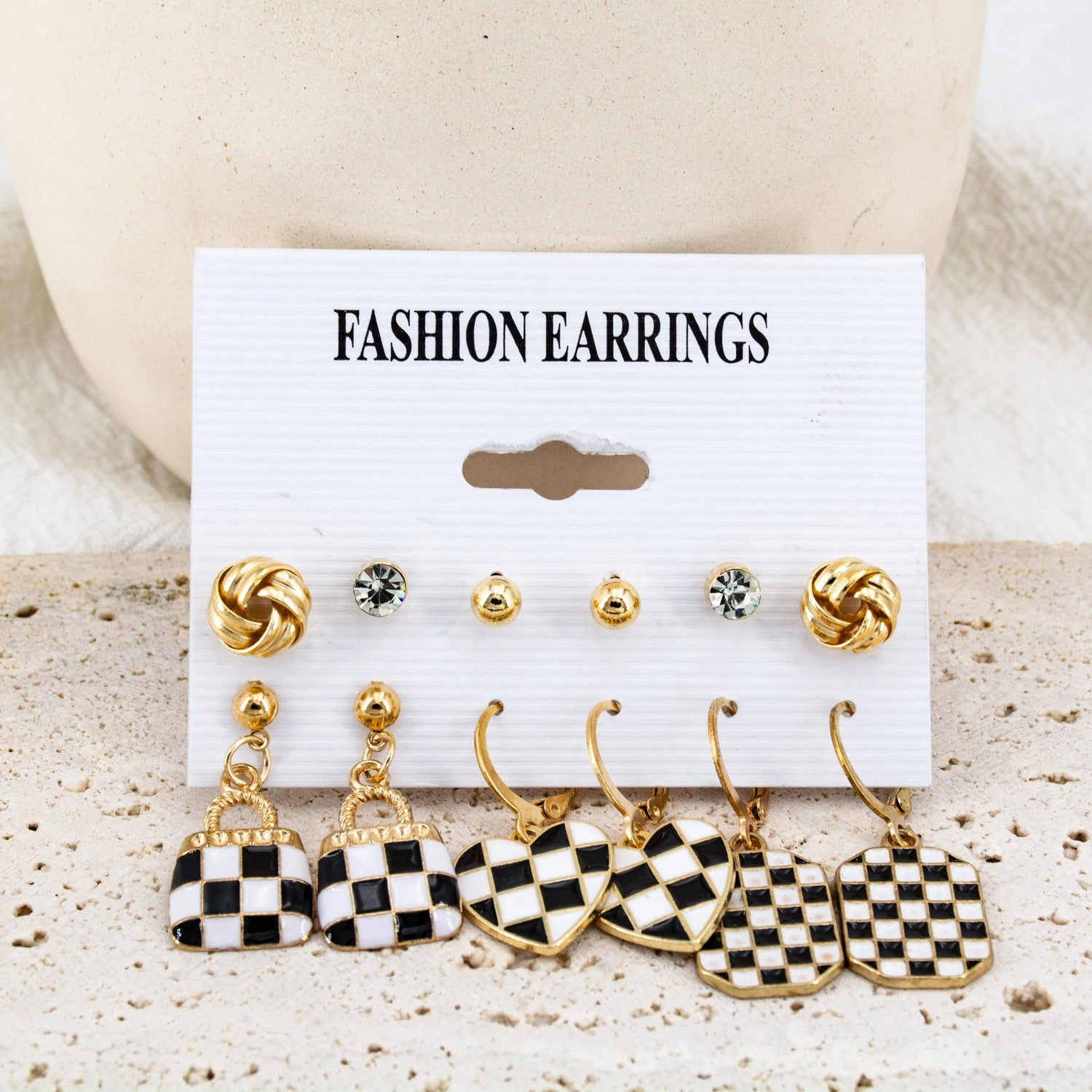 New Trendy Geometric 6Pair Plaid Checker Board Lock &amp; Heart Shaped Earrings Set Alloy Drops &amp; Danglers - Pair Of 6 Destiny Jewels