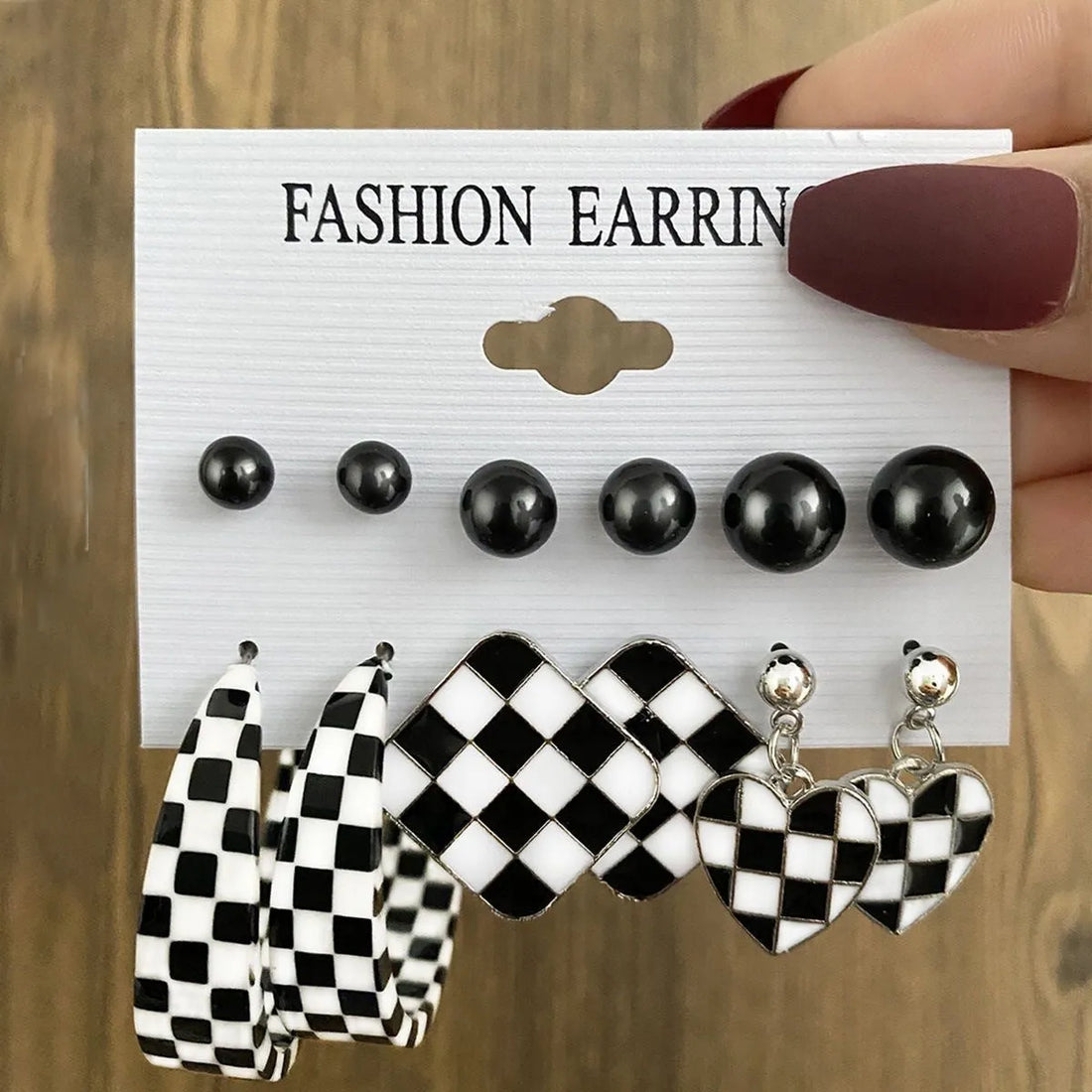 New Trendy Geometric Checker Board Chess Board Heart Drop &amp; Hoop Earrings Set Alloy Hoop Earring - Pair Of 6 Destiny Jewels