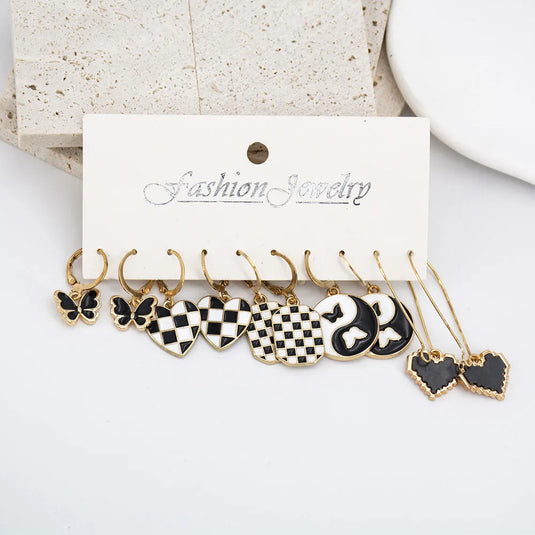 Trendy Geometric Vintage Korean Checkered Pattern Drop Heart Décor Earrings Set Alloy Drops &amp; Danglers - Pair Of 5 Destiny Jewels