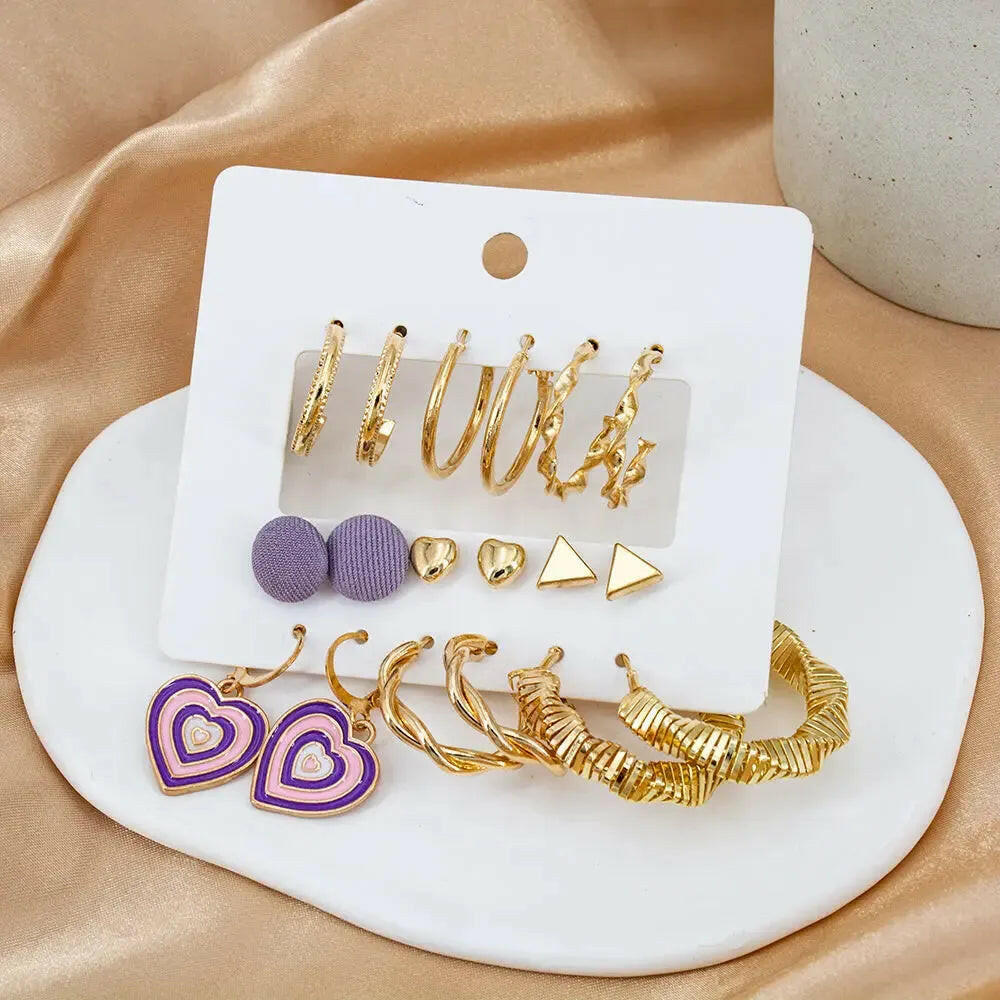 Gold Plated 9Pair Colorful Heart Shape Small Hoop Earrings Set For Women &amp; Girls Aluminum Hoop Earring - Pair Of 9 Destiny Jewels