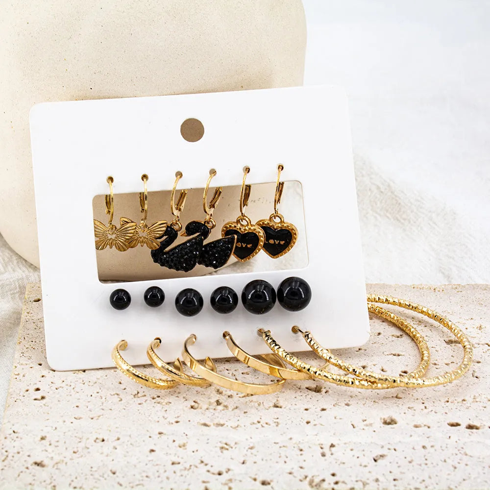 Gold Plated 9Pair Black Heart &amp; Duck Shape Stud And Hoop Earrings Set Aluminum Hoop Earring - Pair Of 9 Destiny Jewels