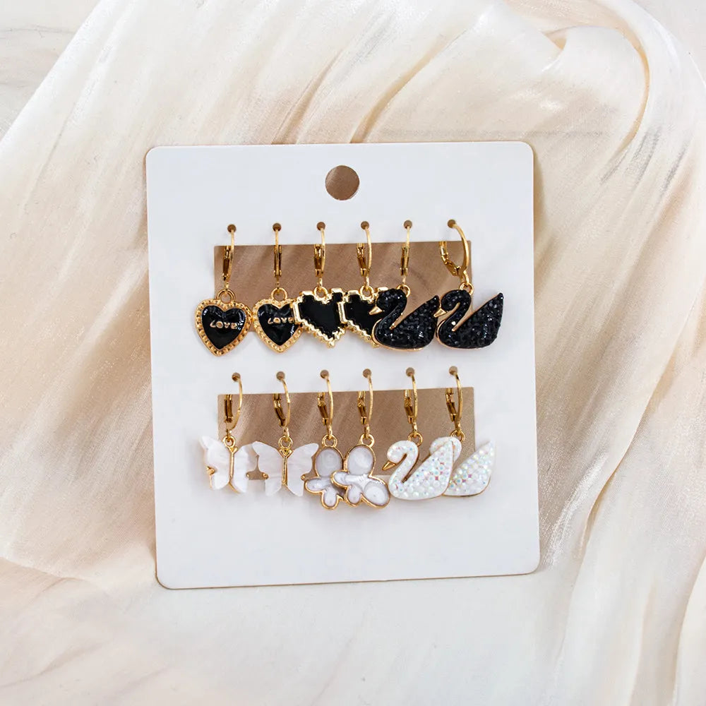 Gold Plated 6 Pair Black &amp; White Duck And Butterfly Décor Earrings Set Aluminum Drops &amp; Danglers - Pair Of 9 Destiny Jewels