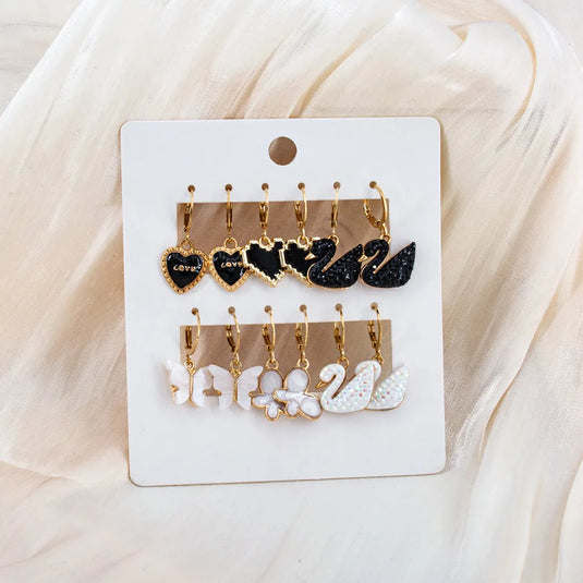 Gold Plated 6 Pair Black &amp; White Duck And Butterfly Décor Earrings Set Aluminum Drops &amp; Danglers - Pair Of 9 Destiny Jewels