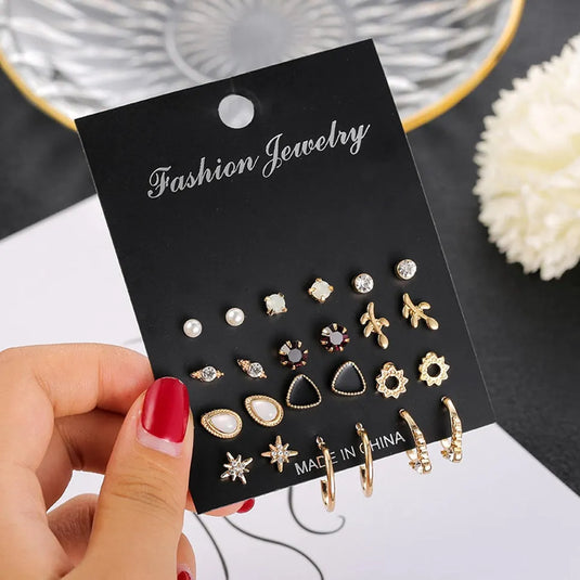 New Trendy Fashion 12 Pair Pearl &amp; Stone Décor Crystal Round Stud Earrings Set Beads Alloy Stud Earring - Pair Of 12 Destiny Jewels