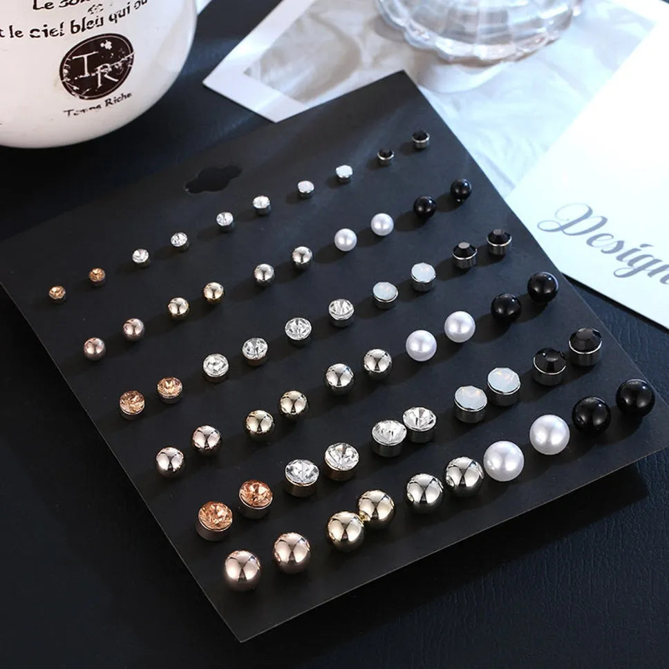 New Trendy Fashion 30 Pair Pearl &amp; Stone Décor Crystal Round Stud Earrings Set Beads Alloy Stud Earring - Pair Of 30 Destiny Jewels