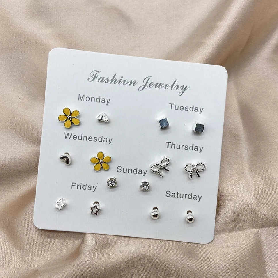 Trendy Fashion One Week Jewelry Star Heart Flower Butterfly Stud Earrings Set Alloy Stud Earring - Pair Of 7 Destiny Jewels