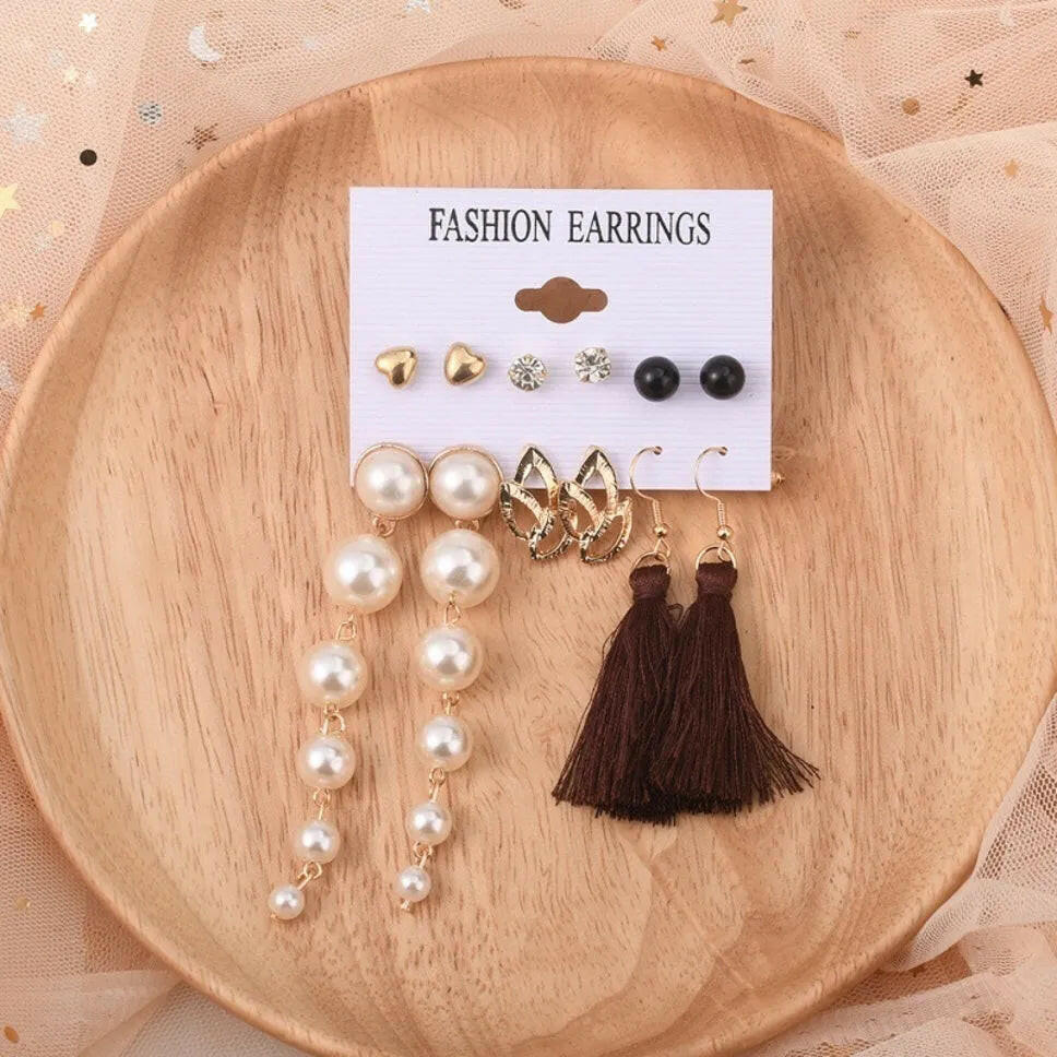 New Trendy Drop Long Pearl Décor Tassel Earrings Set For Women &amp; Girls Pearl Alloy Tassel Earring - Pair Of 6 Destiny Jewels