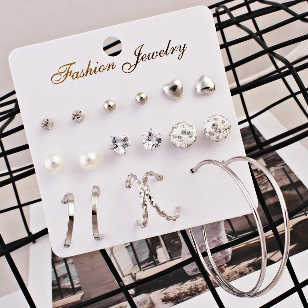 New Trendy Fashion Pearl Stud Earrings Women Bohemian Circle Hoop Earrings Set Beads Alloy Hoop Earring - Pair Of 9 Destiny Jewels