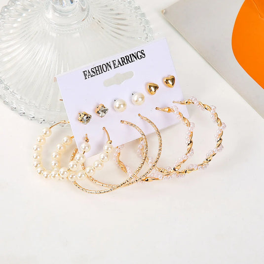 New Trendy Fashion Simple Geometric Pearl Décor Hoop &amp; Stud Earrings Set Pearl Alloy Hoop Earring - Pair Of 6 Destiny Jewels