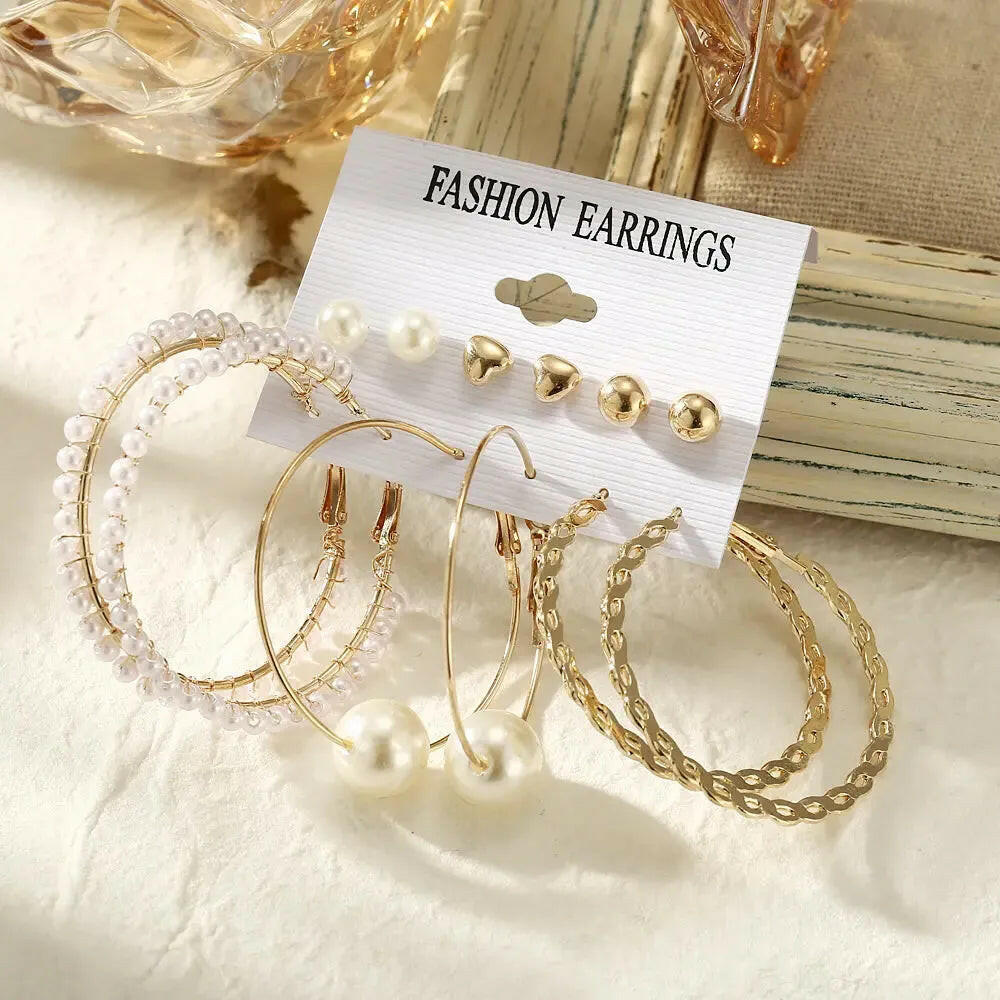 Trendy Pearl Décor Big Round Hoop Earrings Set For Women &amp; Girls Combo Of 6 Pair Pearl Alloy Hoop Earring - Pair Of 6 Destiny Jewels