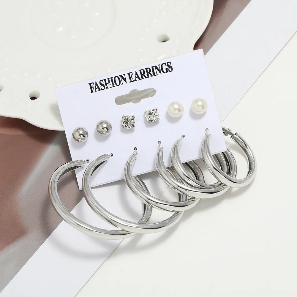 New Trendy Fashion Gold Multi Design Simple Round Hoop &amp; Stud Earrings Set Alloy Hoop Earring - Pair Of 6 Destiny Jewels