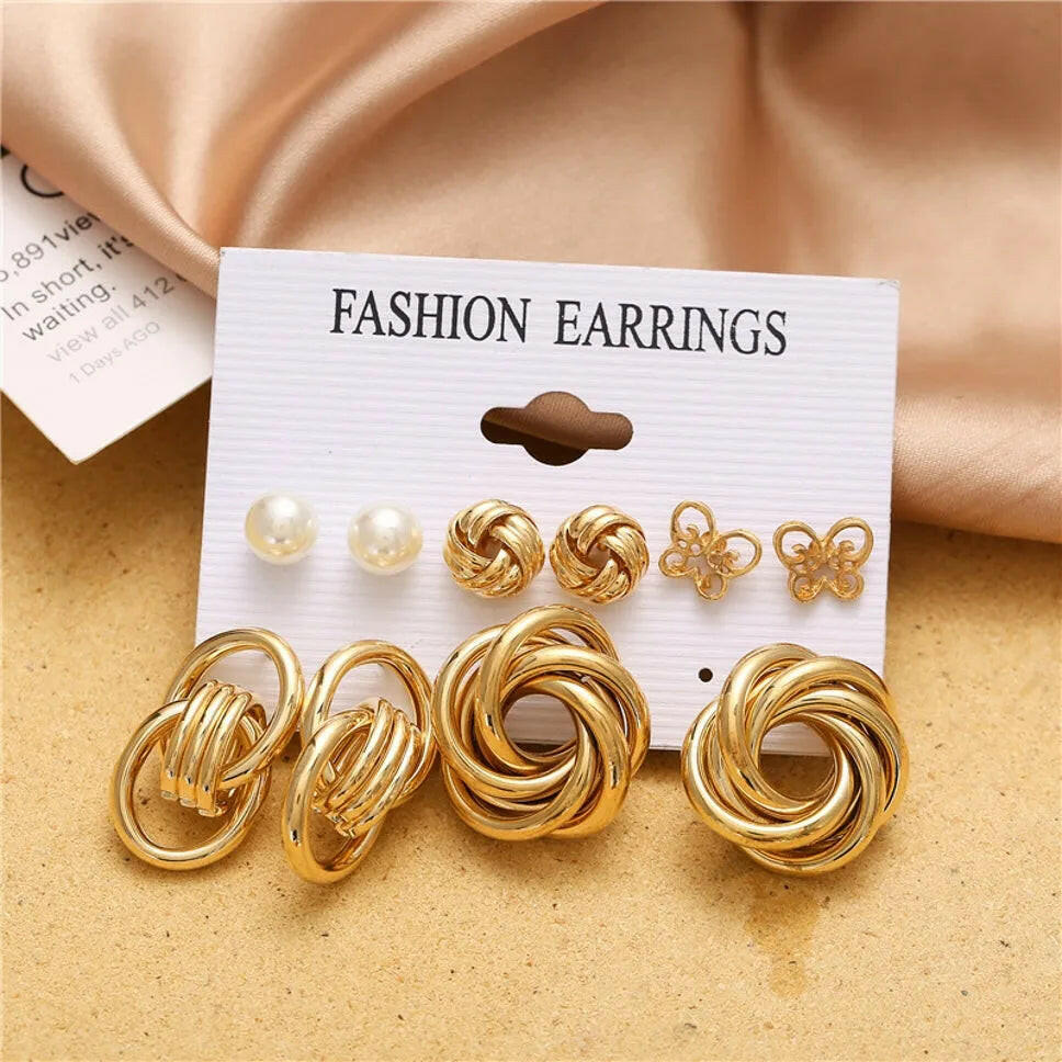 New Trendy Exaggerated Geometric Pearl Décor Butterfly Stud Earrings Set Alloy Stud Earring - Pair Of 6 Destiny Jewels